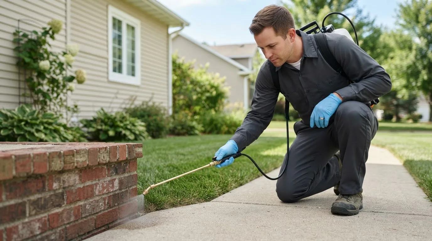Pest control technician treating a home near Hettinger, ND