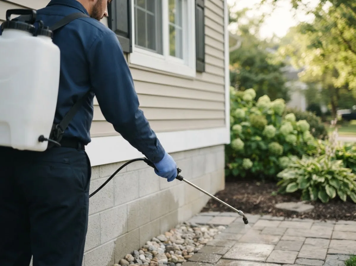 Pest control technician inspecting a home in Hettinger, ND